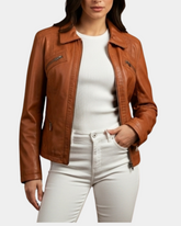 Womens Classic Leather Biker Zip Box Jacket Dynamo Tan